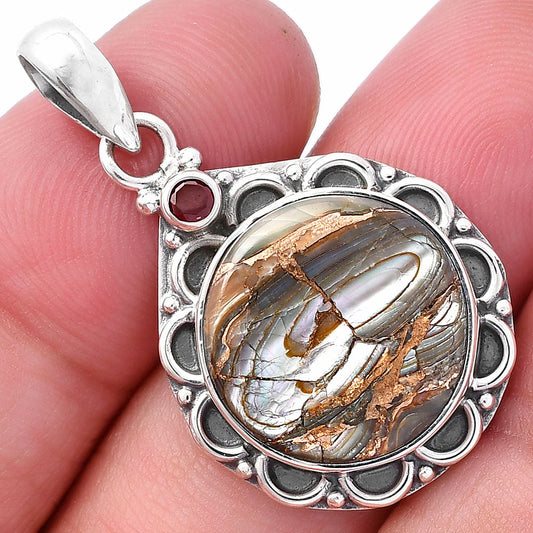 Natural Copper Abalone Shell & Garnet Pendant P-1080 SDP145087